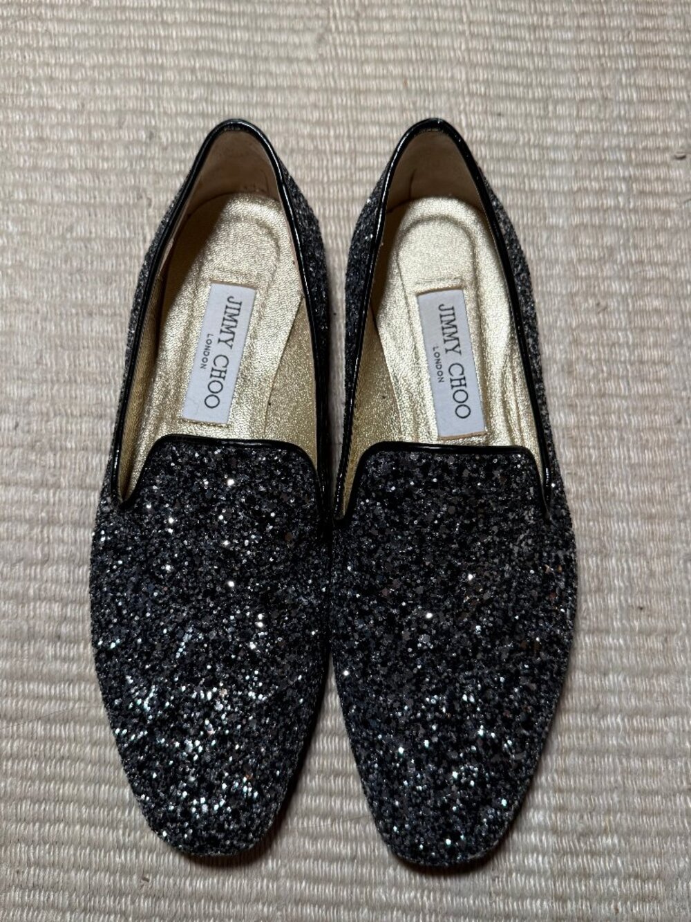 Jimmy Choo Black Glitter Smoking Slippers Loafers Flats EU 36.5